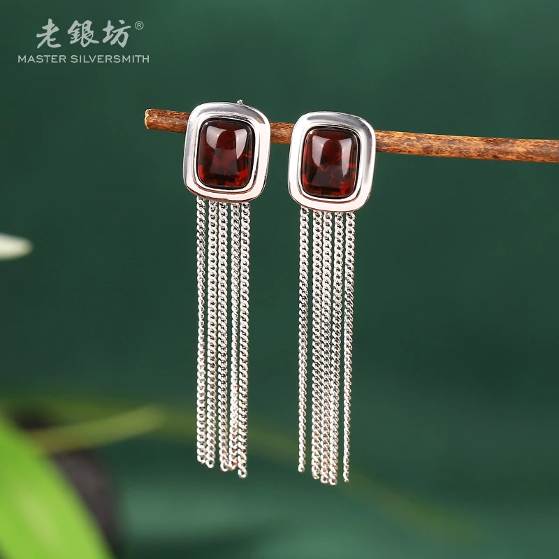 【老银坊】s925银血珀方块流苏耳钉 0011803