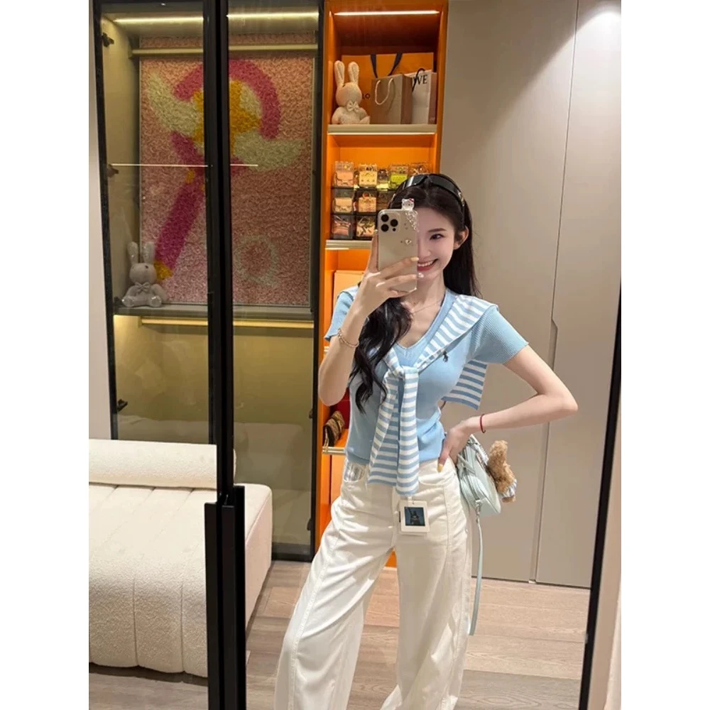 法式绝美V领短袖T恤外搭条纹披肩女装夏季新款修身显瘦高级感上衣