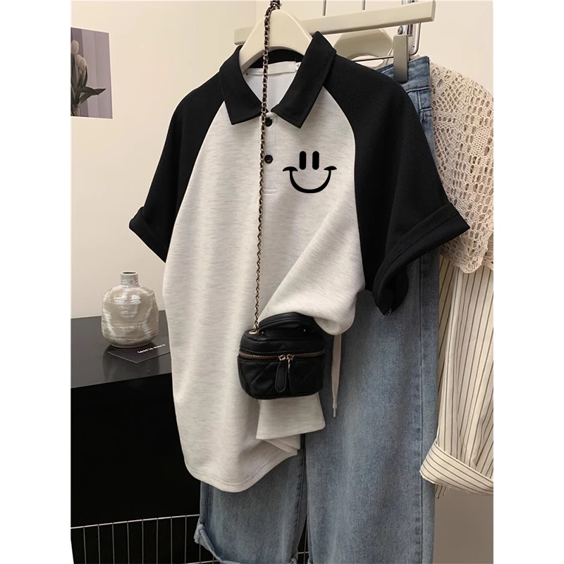 儿童夏季纯棉POLO衫拼接翻领短袖T恤8-15岁女童插肩袖宽松上衣潮