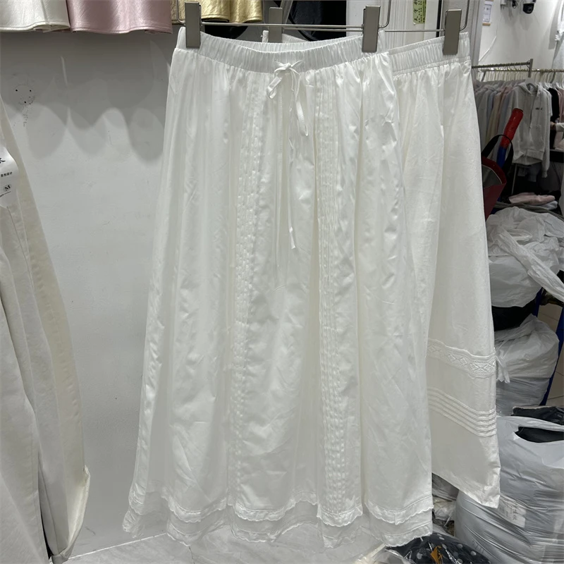 8072 韩系甜美木耳边半身裙女春夏系带松紧腰显瘦垂感中长款a字裙