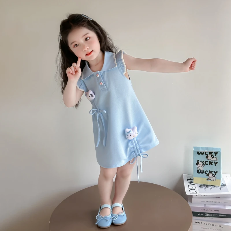 女童夏季连衣裙2025新款儿童飞袖公主裙洋气POLO裙女宝宝猫咪裙子