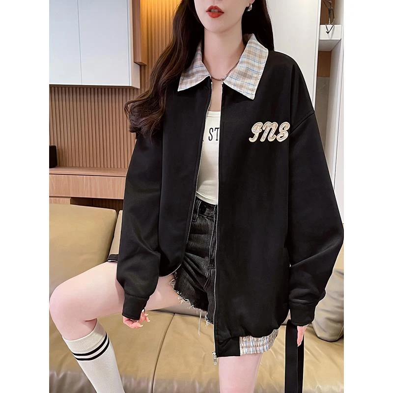 韩系格子假两件外套女春秋季新款初高中ins潮工装夹克情侣装