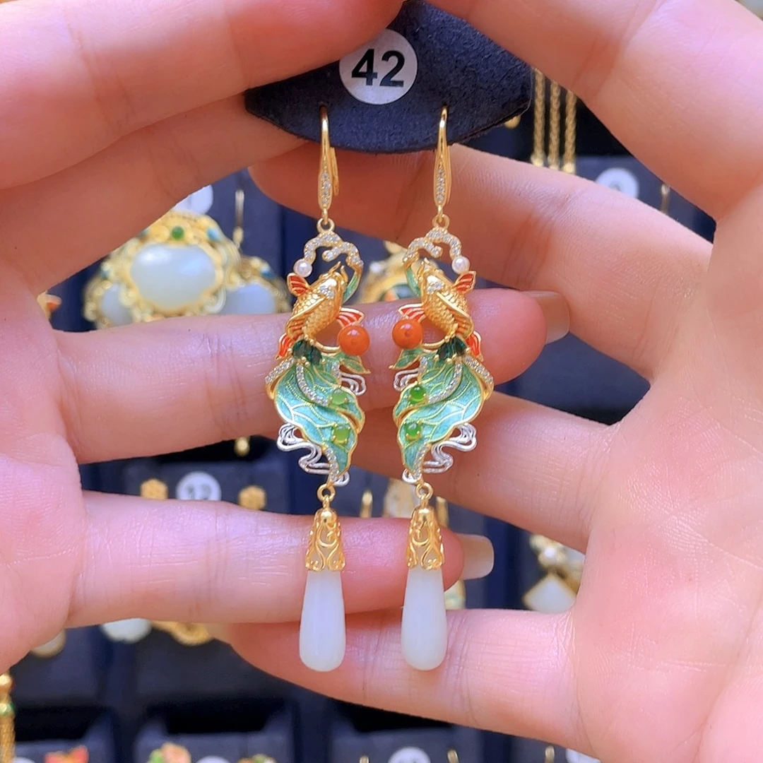 和田玉银S925镀金镶嵌耳饰