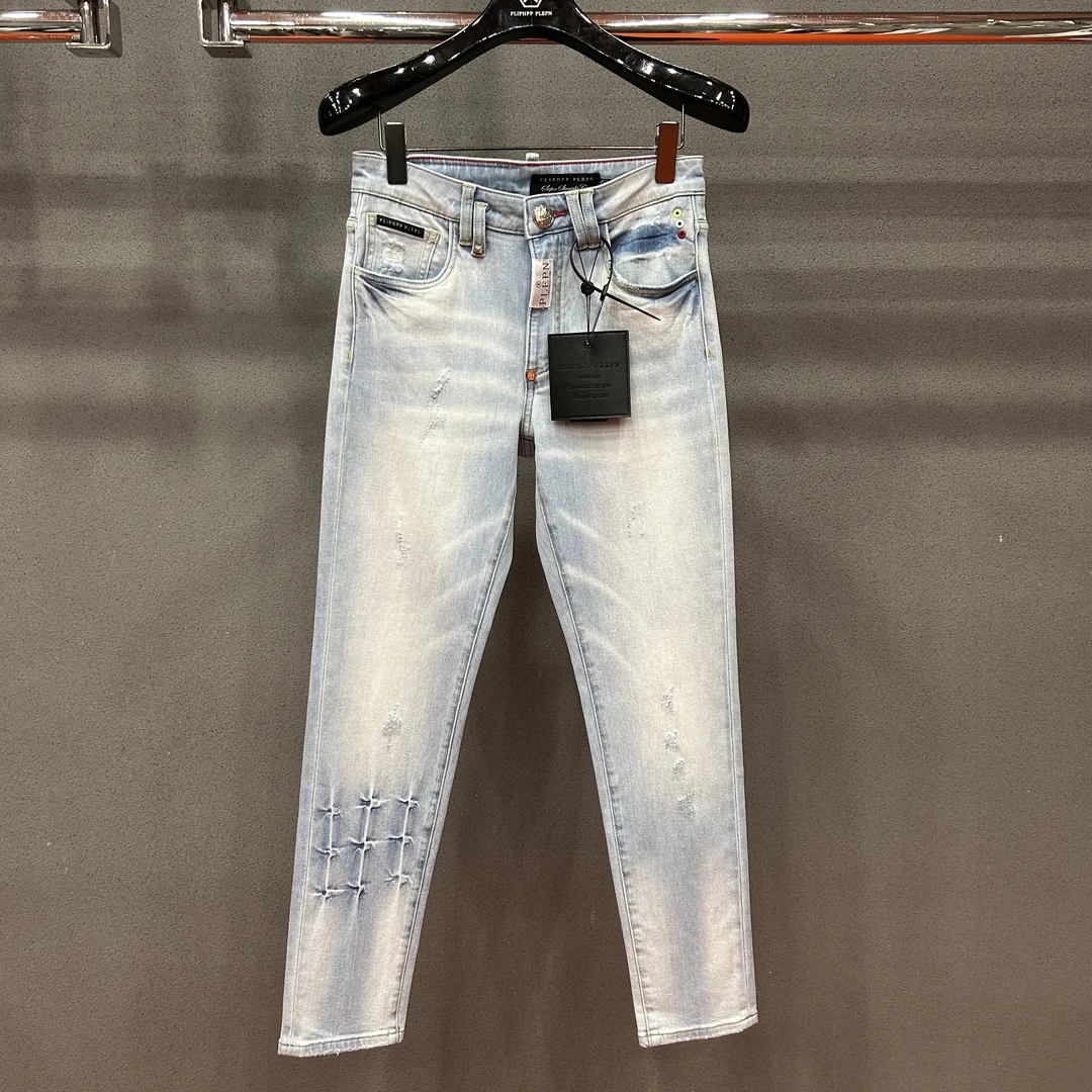 PLIPHPP PLEPN正品PP极光蓝 假破洞高弹高定男款夏季软牛仔裤9920