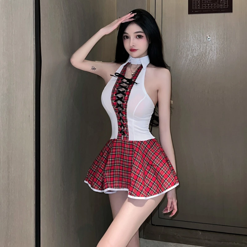 红格连体学生装性感游戏制服上镜视频表演服装
