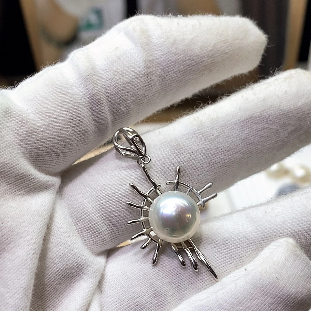 颈饰银S925镶嵌海水珍珠11-12澳白螺纹