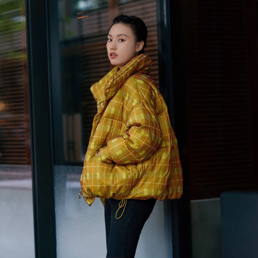 高密柔印花网纱双层面料羽绒服