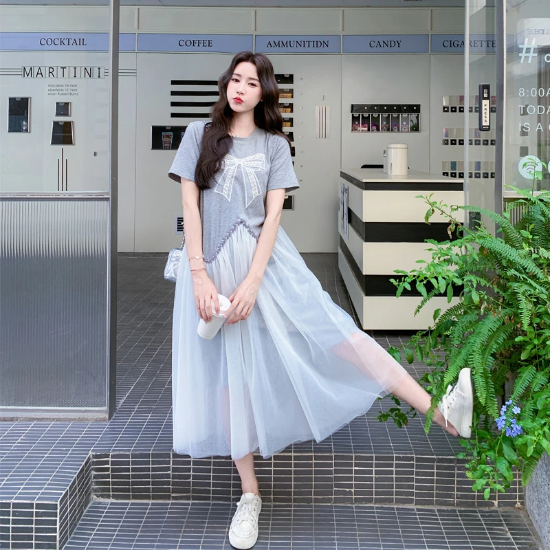 网纱拼接不规则连衣裙2025夏季新款韩系ins风松弛感慵懒风T恤裙子