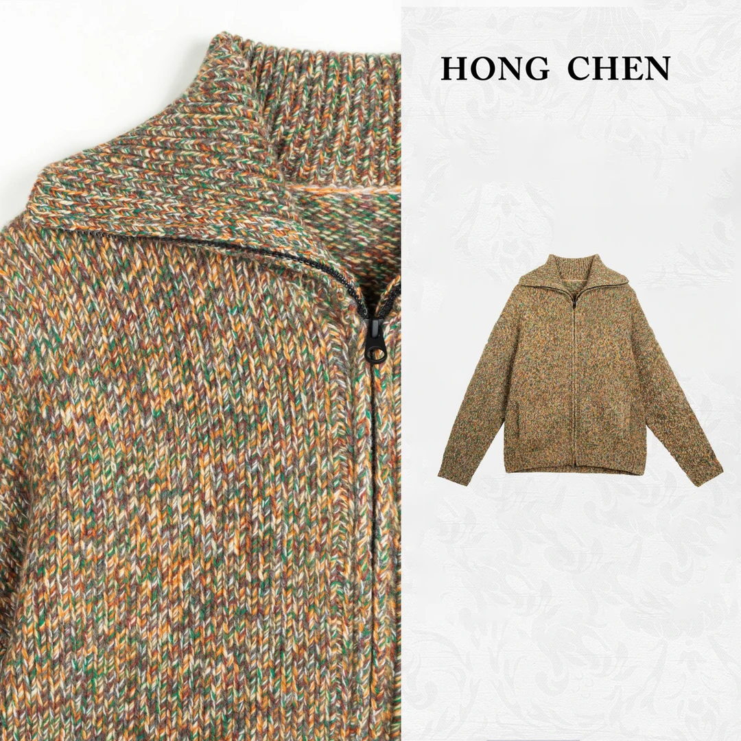 【虹辰·满分山羊毛】高端时尚花纱精致双拉链翻领针织羊毛衣-HC2017