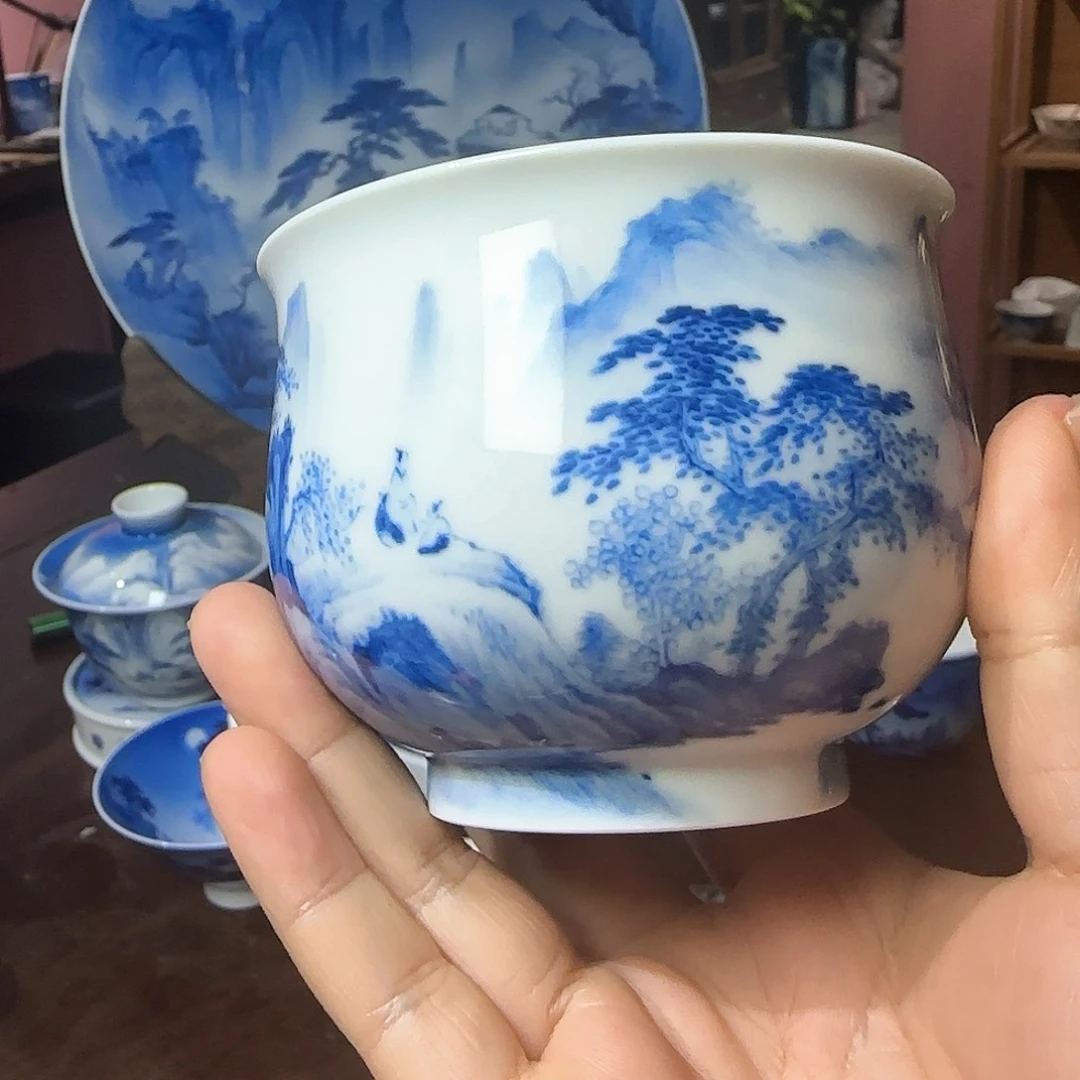 瓷片梦**风青花山水主人杯