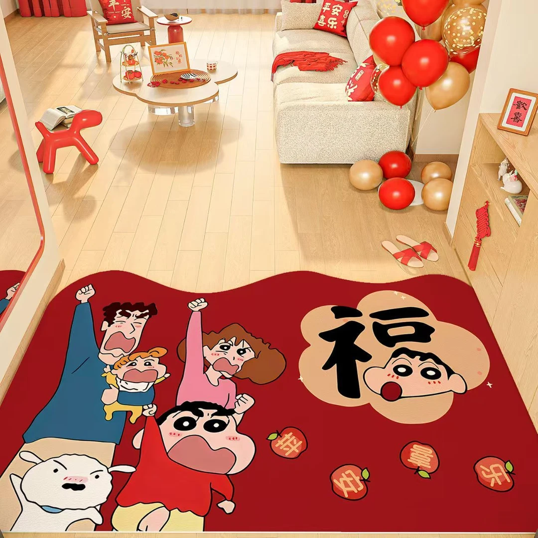 蜡笔小新红色新年地垫喜庆过年除尘水晶绒垫玄关过道进门门口脚垫