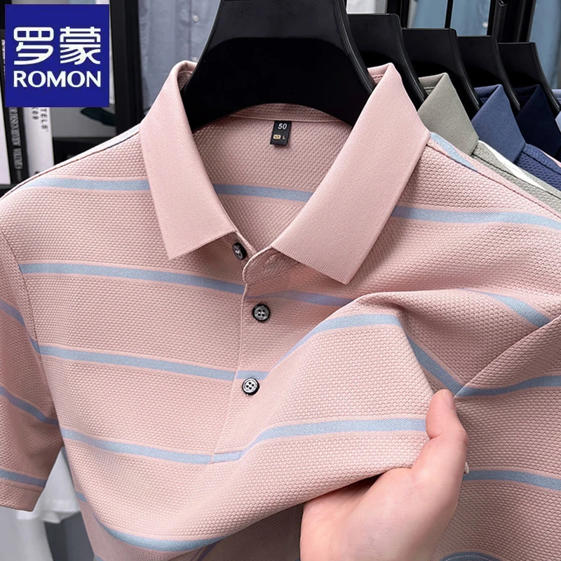 罗蒙条纹气质菠萝提花纹理短袖Polo衫夏季新款时尚男士翻领t恤衫