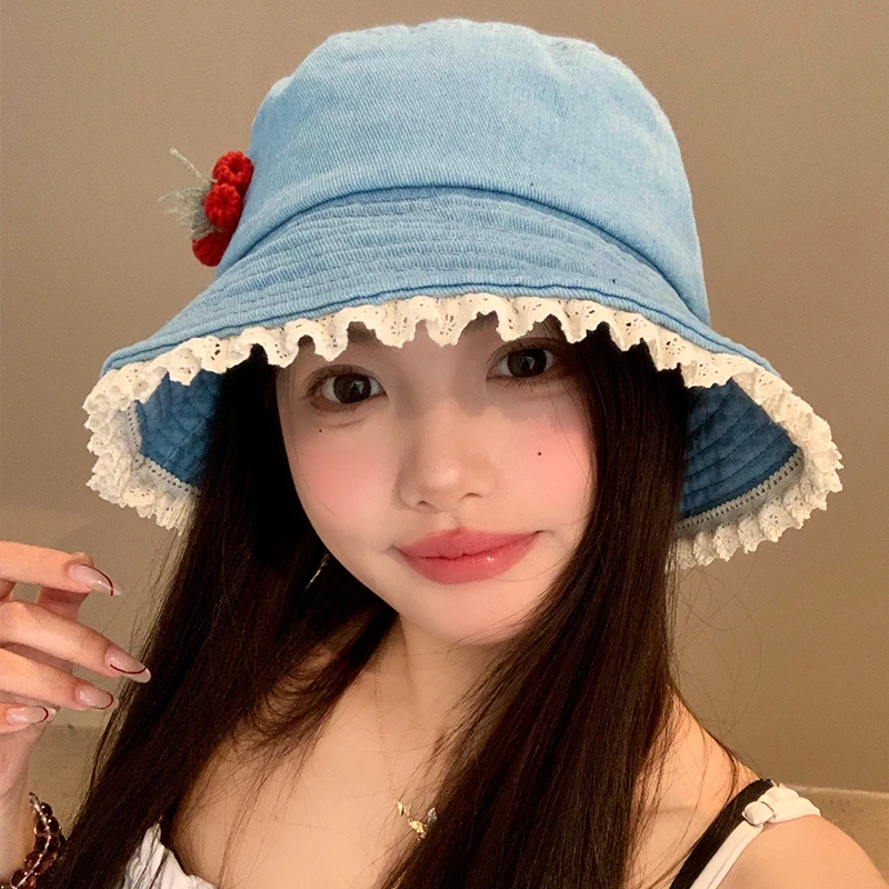 日系可爱蕾丝花边牛仔渔夫帽子女2025年春新款显脸小百搭遮阳盆帽