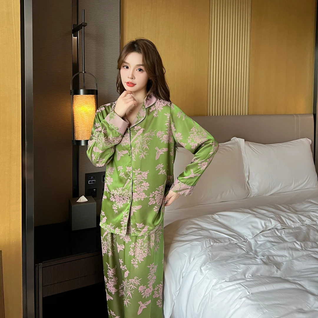林深翠鸣春女士精品睡衣家居服中式套装显瘦中国风中式丝绸套装