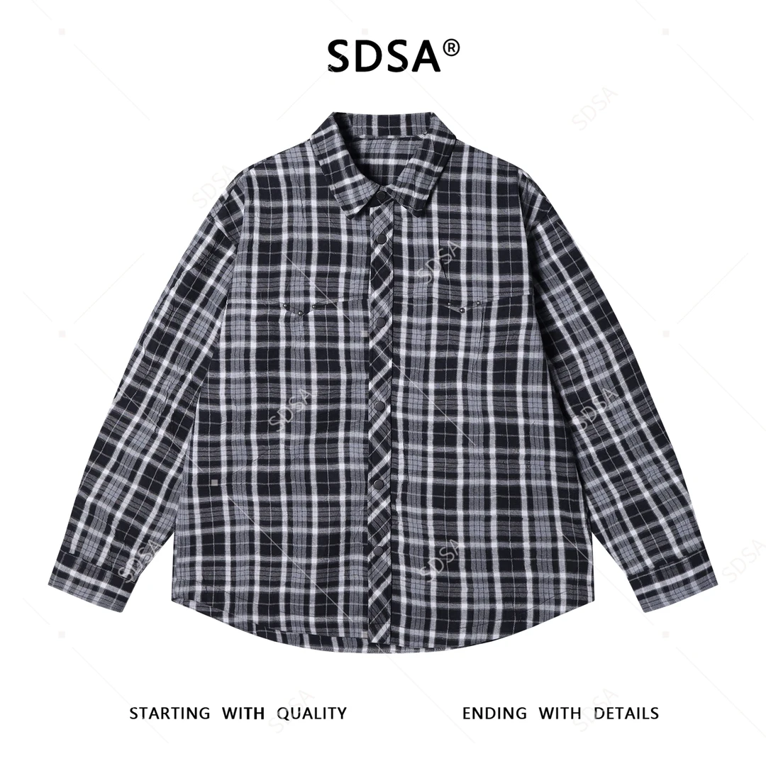 SDSA男士秋冬新款痞帅男装潮牌撞色格纹格子长袖衬衫宽松潮流衬衣