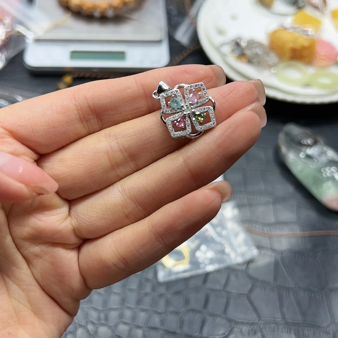 银S925镶嵌手链烟晶碧玺吊坠T666