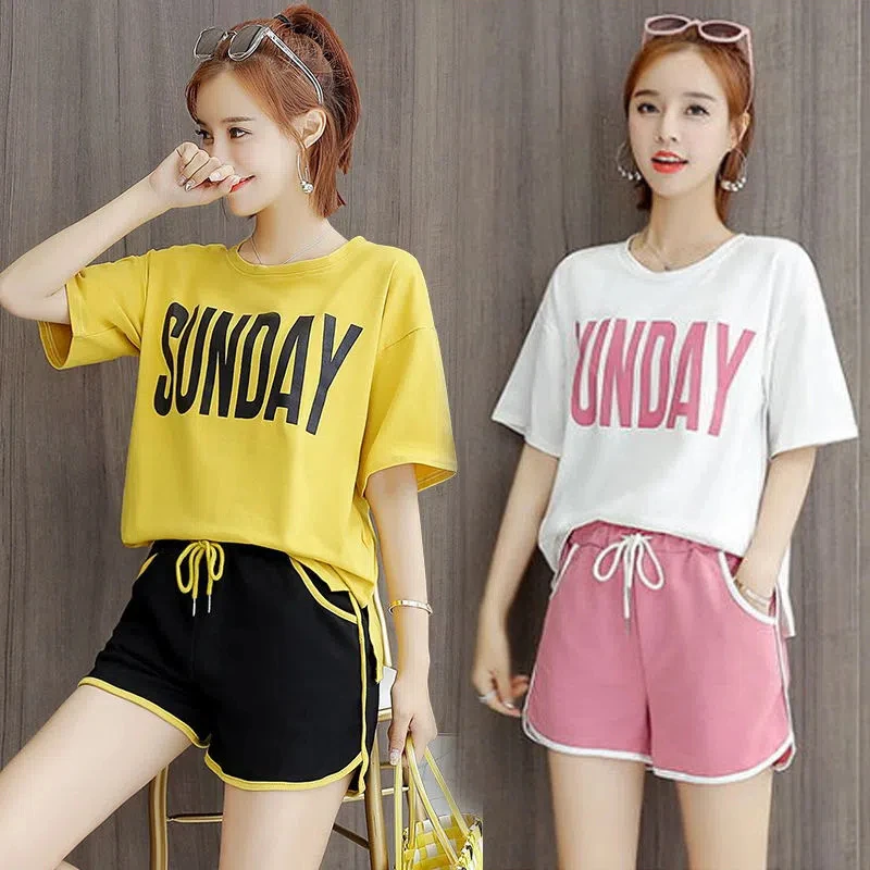 休闲套装时尚夏装新款女两件套韩版学生宽松上衣配短裤运动服