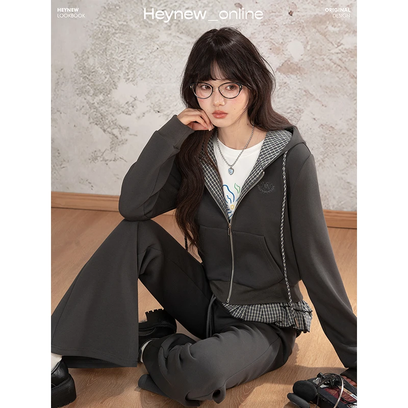 【HEYNEW黑妞】美式复古套装撞色格子外套花边抽绳裤两件套装5Q563