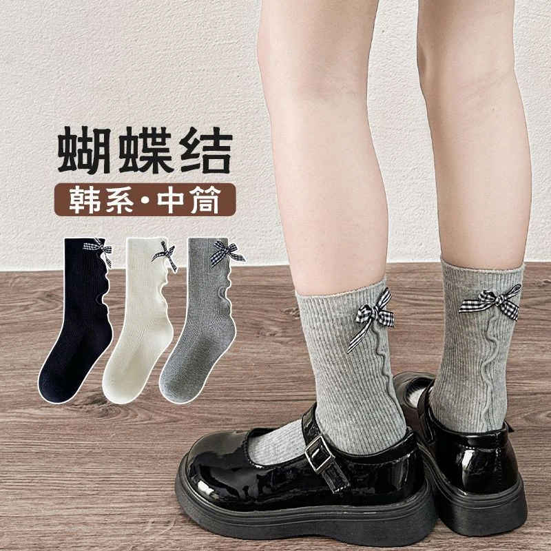 女童袜子韩系立体后跟蝴蝶结中筒袜春秋冬季芭蕾风学生儿童堆堆袜