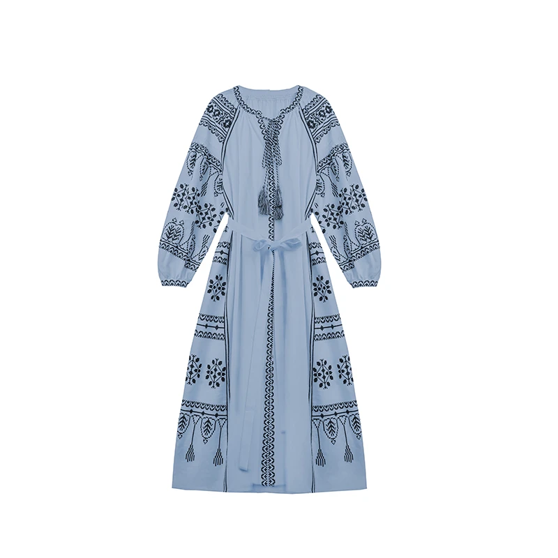 25春季新款女装法式刺绣长袖复古温柔小众设计感度假长裙