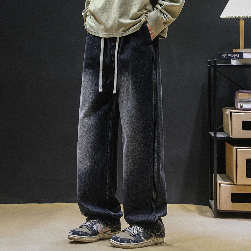 黑灰色牛仔裤男生秋季新款宽松直筒男女同款阔腿拖地青少年长裤子
