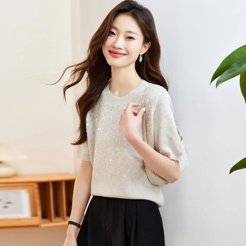 冰丝短袖t恤女2025新款夏季薄款高端正肩体恤亮片凉感针织衫上衣