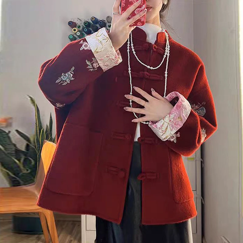 红色新中式复古国风盘扣双面呢外套大衣高级感改良唐装刺绣上衣女