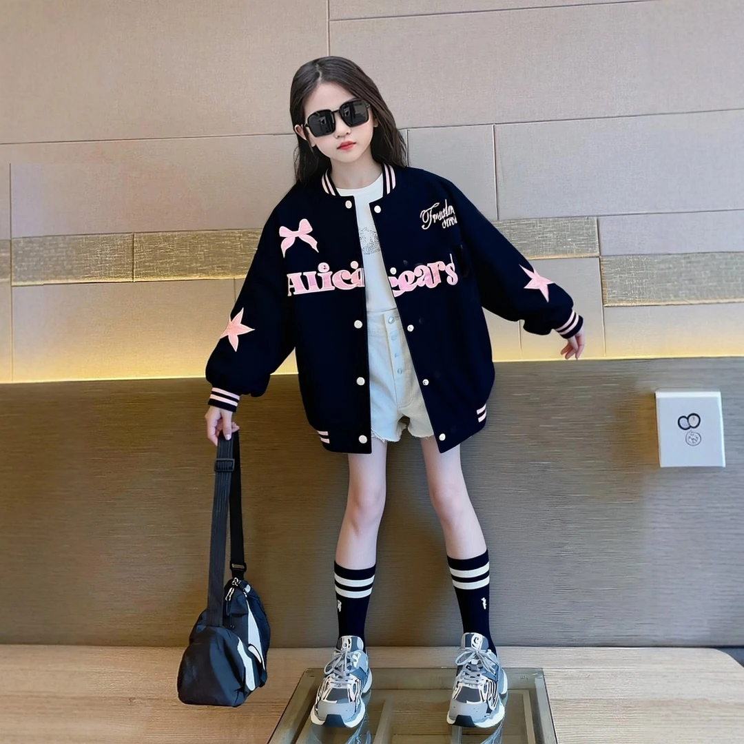 女童韩版时髦秋冬季棒球服2025儿童新款洋气韩版立领潮搭字母外套