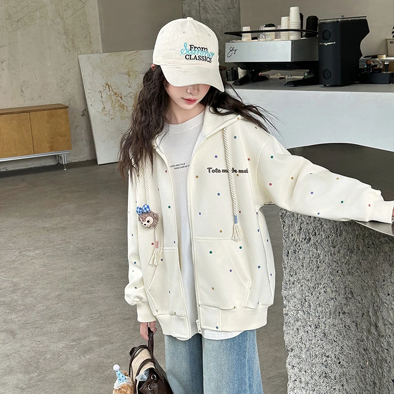 女童春秋款韩版连帽卫衣外套中大童波点2025新款儿童洋气开衫潮