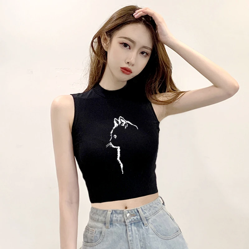 通勤背心吊带显瘦黑色无袖外穿性感韩版in打底百搭印花猫咪短款潮