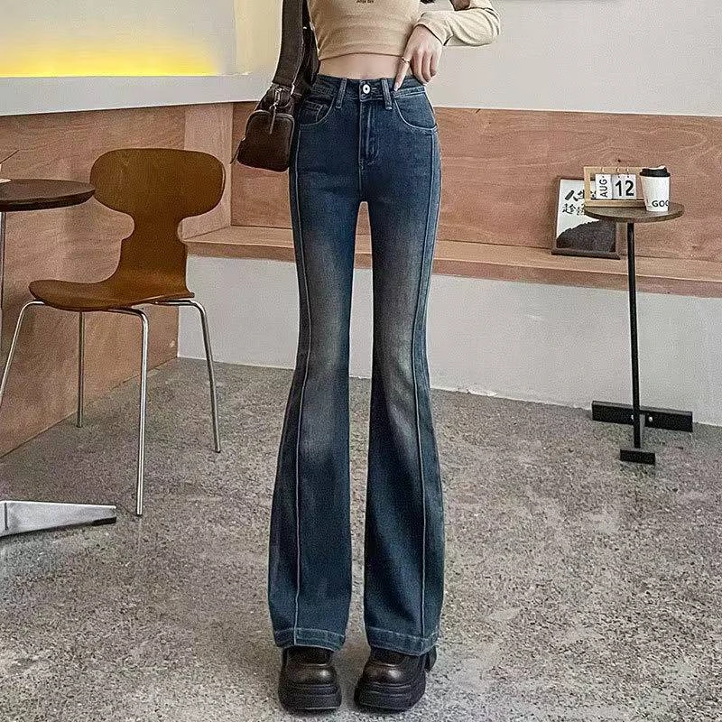 新款蓝灰设计感拼接高腰修身微喇牛仔裤