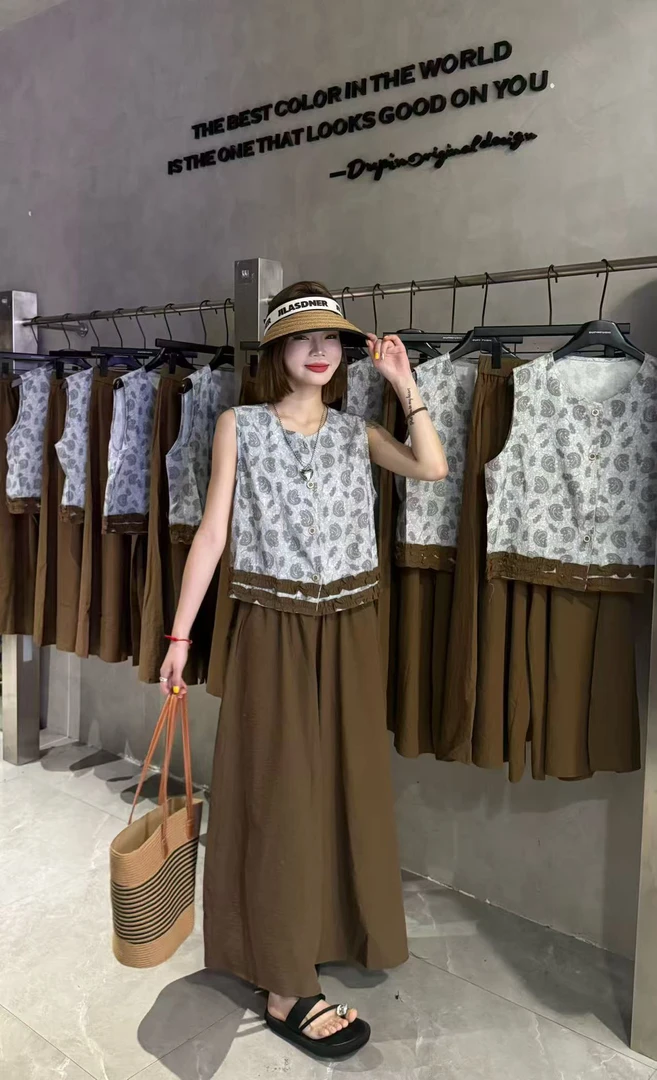 韩系木耳边印花无袖马甲搭配高腰阔腿裤夏季新款女套装