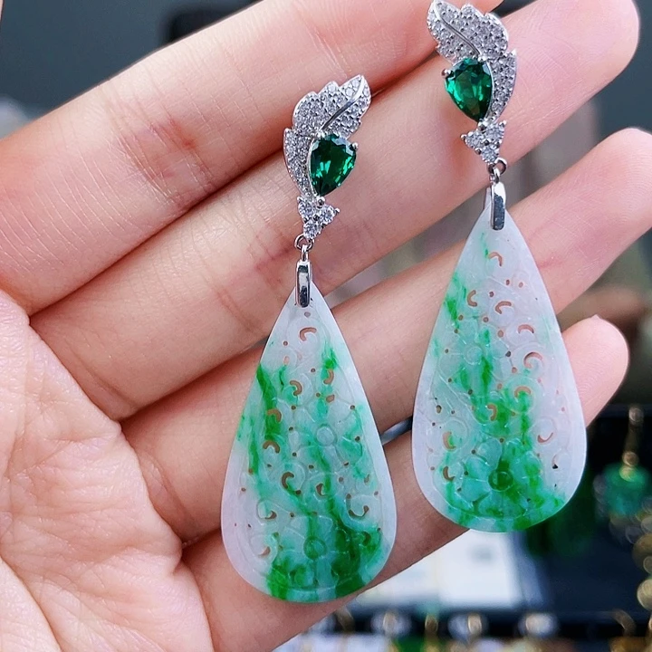 翡翠耳饰银S925镶嵌饰品