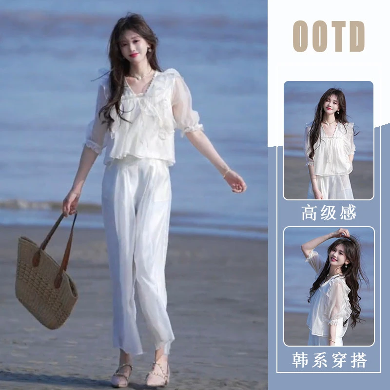休闲风法式减龄高级设计上衣短袖2025夏新款时尚百搭洋气气质裤子