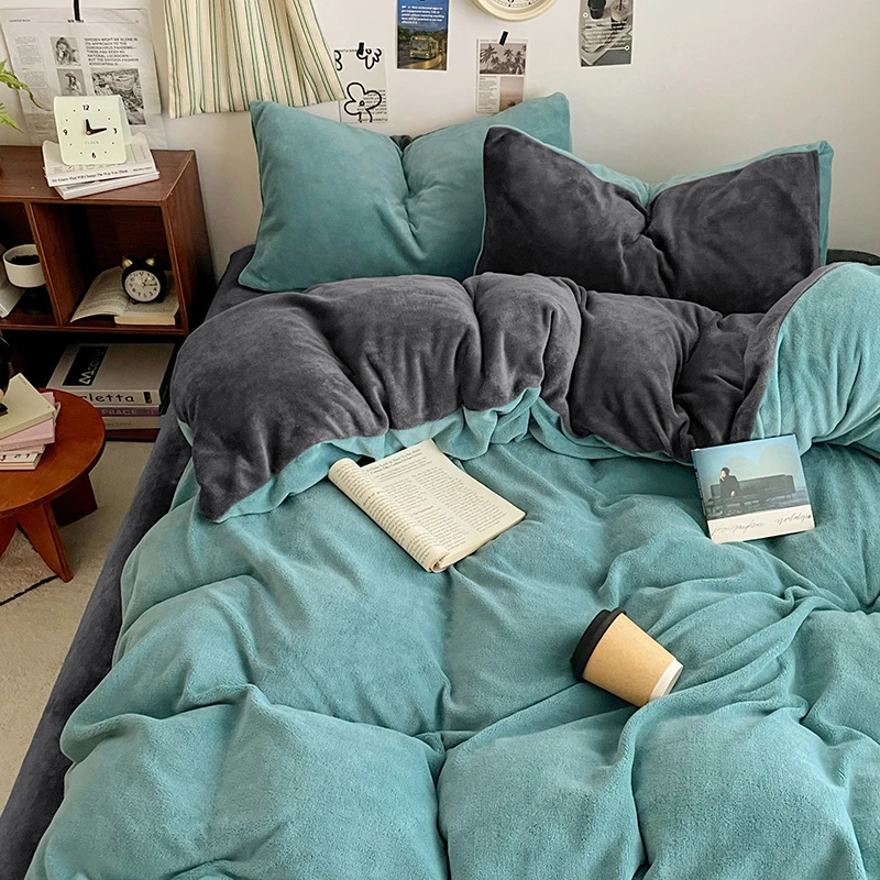 新款纯色四件套A类高克重床笠款牛奶绒套件双拼系列三件套单被套