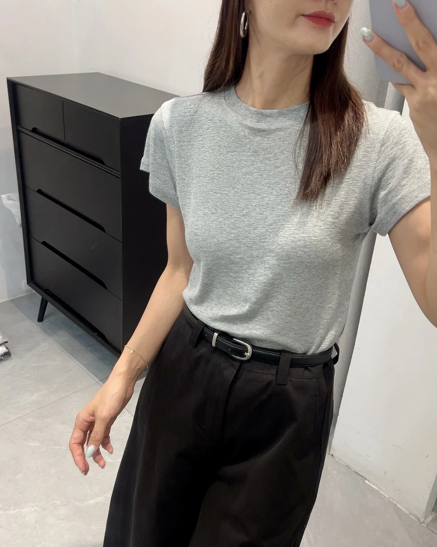 简韩反线短袖T女正肩纯色修身秋季2025年上新