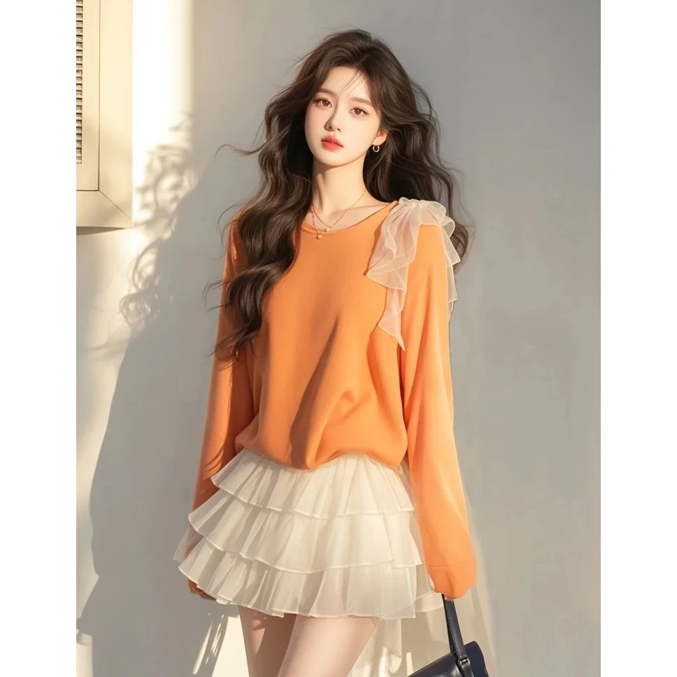 2025春爆款流行整套高级感超好看小众圆领套头上衣网纱蛋糕裙套装