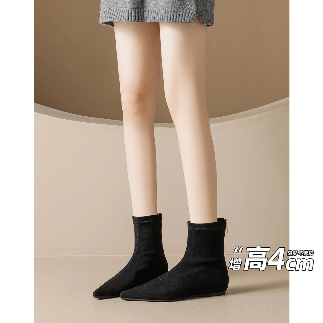 2026年新款秋冬时尚内增高短靴女尖头气质百搭瘦瘦靴绒面弹力靴子