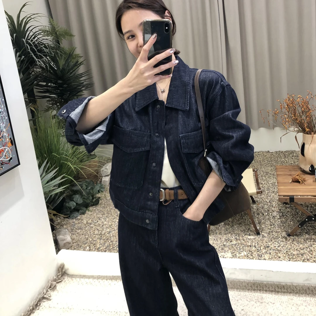 雅痞复古法式百搭牛仔衬衫+时尚休闲2025显瘦高级感牛仔裤套装女