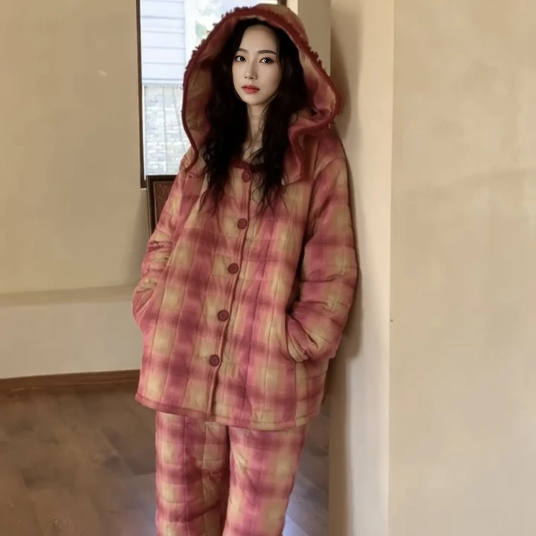 红色格子开衫保暖加厚加绒夹棉长袖睡衣女秋冬季厚款家居服