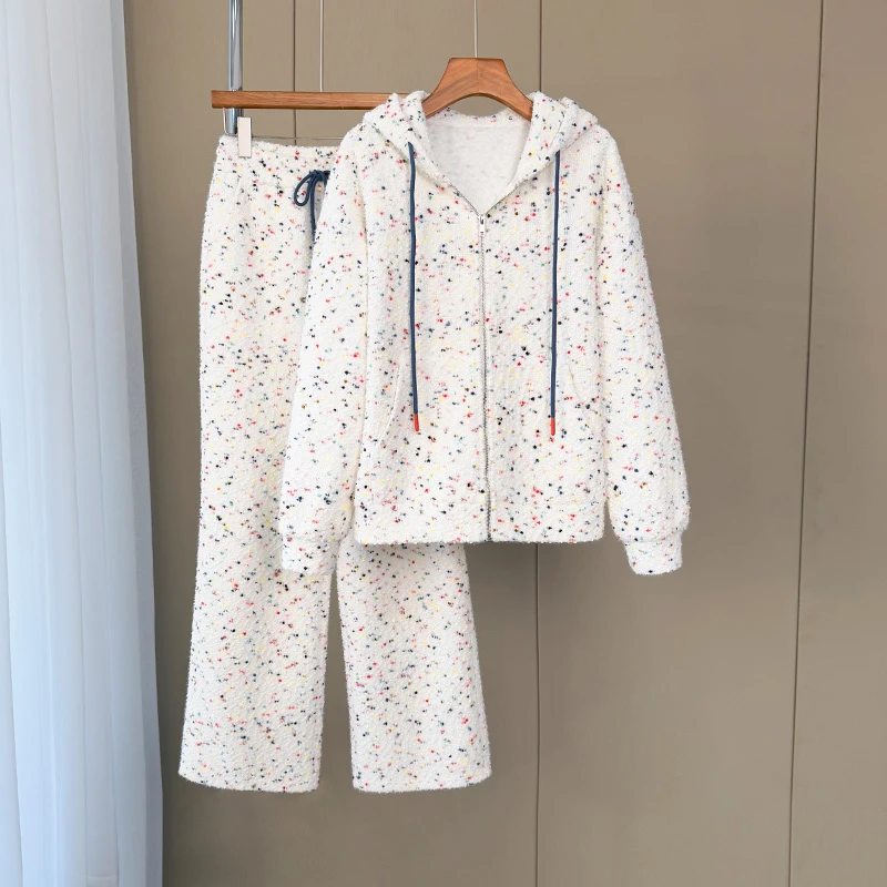 时尚复古通勤套装彩色个性印花连帽长袖卫衣外套高腰阔腿裤两件套