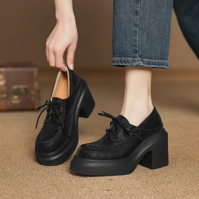 10CM英伦风厚底舒适深扣系带单鞋春季新款圆头粗跟一脚蹬高跟女鞋