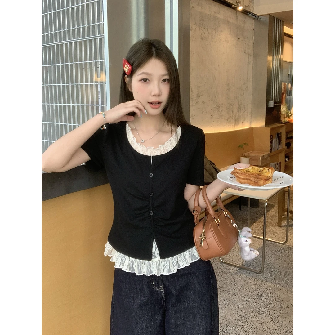 2025夏季胖MM韩系穿搭蕾丝拼接假两件短袖打底衫T恤女显瘦气质