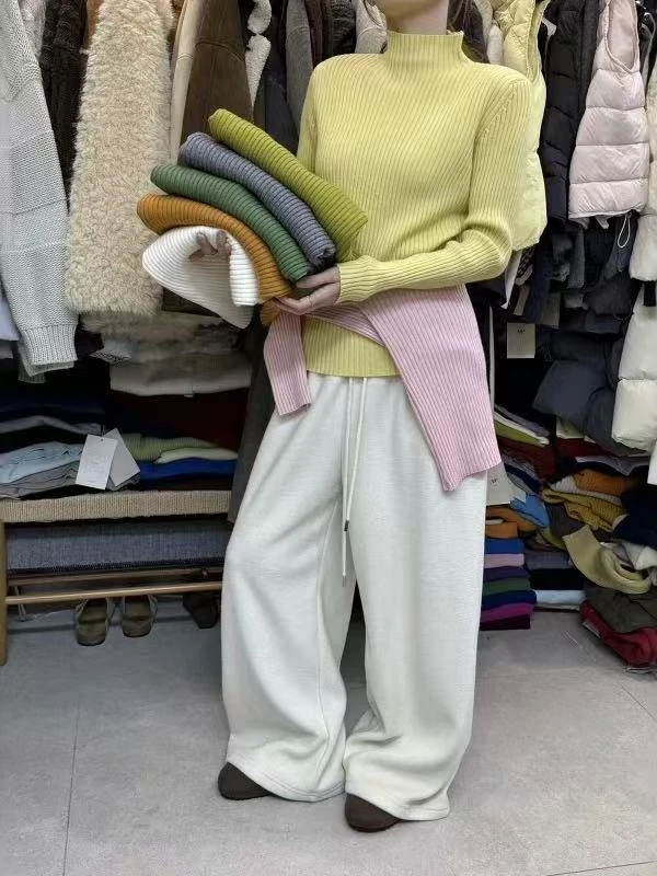 加厚百搭坑条半高领打底衫毛衣女秋冬款韩系简约慵懒设计感上衣