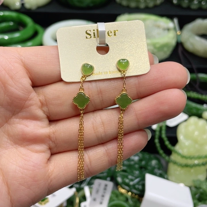 和田玉耳饰银S925镶嵌