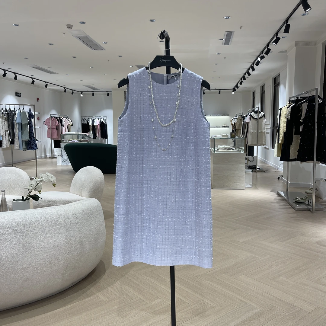 JILLYI南山店【奶甜大小姐】马卡龙蓝色粗花呢轻奢高端无袖连衣裙女