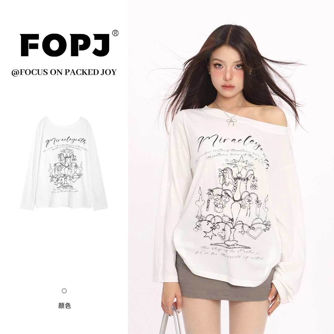 FOPJ美式印花长袖T恤女夏季时尚防晒罩衫oversize百搭圆领上衣潮