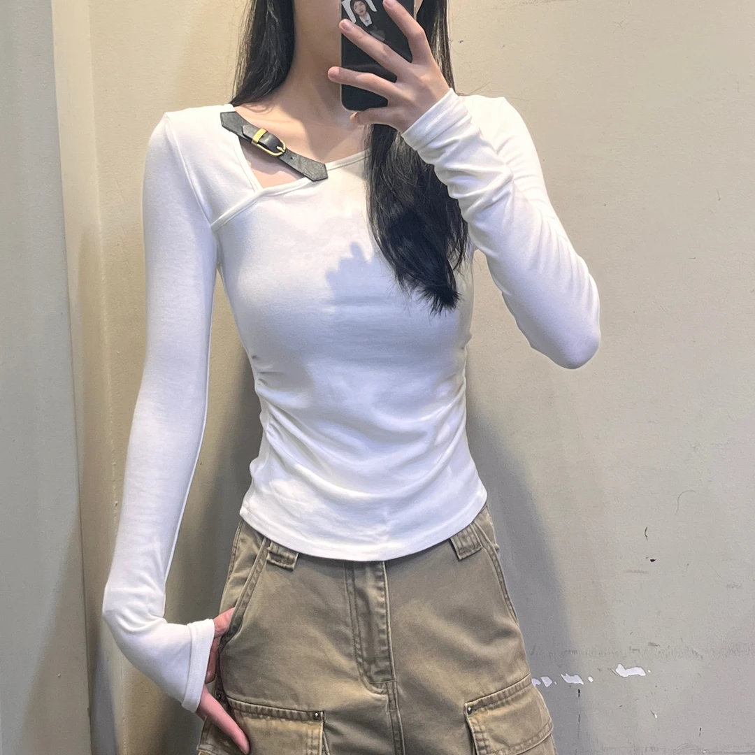 鑫怡定制【暖阳物语】2025秋季辣妹不规则斜领修身收腰T恤上衣女