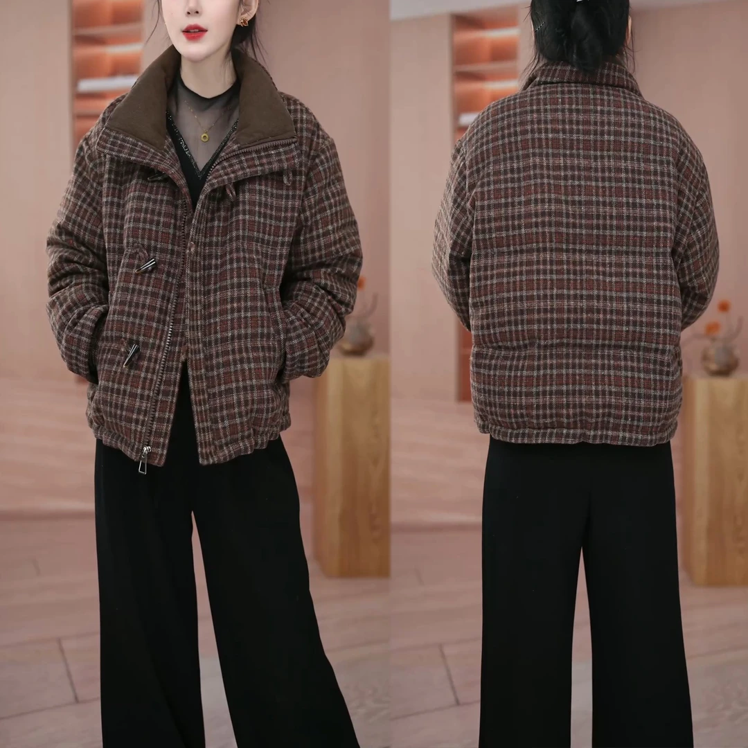 2025冬季时尚设计感宽松显瘦休闲百搭格子棉服加厚保暖棉衣外套女