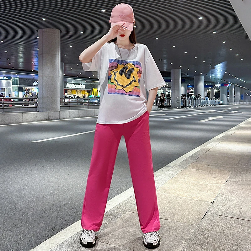 阔腿裤简约套装2025年新款宽松版型圆领字母印花T恤休闲运动纯色